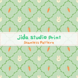 かわいいウサギとニンジンのシームレスパターン、パステルカラーのイースターダイヤモンドグリッドデザイン、かわいいウサギの繰り返し、手描きの子供用布デジタルペーパー