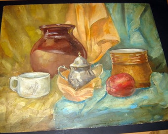 Vintage Old European oil painting Impressionism Still Life unsigned oil on chipboard