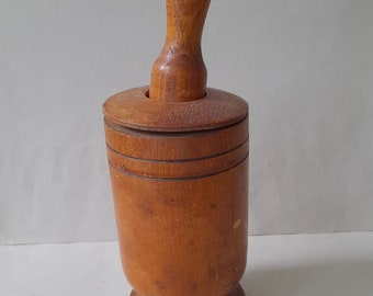 Antique Old Vintage 19c Wooden Mortar and Pestle w/ Lid Very good Patina 6" tall