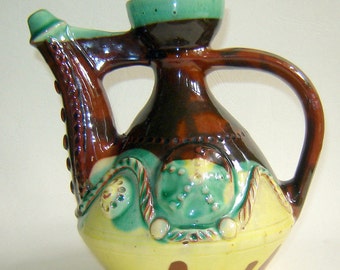 19c Antique old Bulgarian Hand crafted Glazed Redware Pottery JUG / Pitcher