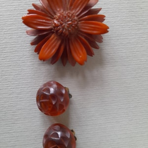 Puede incluir: Un conjunto de tres broches vintage de plástico naranja y marrón. Una broche es una flor grande con un diseño detallado. Las otras dos broches son más pequeñas y redondas.