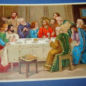 1920's antieke Duitse litho print kaart -het LAATSTE AVONDMAAL - gouden lijnen - ser. 1846