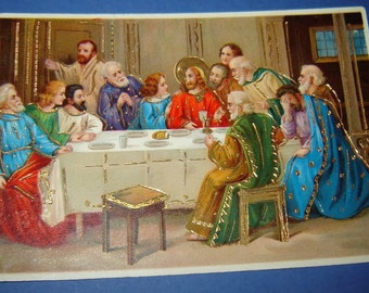 1920's Antique German Litho Print Card -The LAST SUPPER - golden lines - ser. 1846