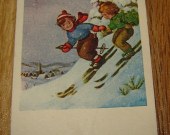 1930 Old BULGARIAN Card New Year CHRISTMAS Boy Girl SKI