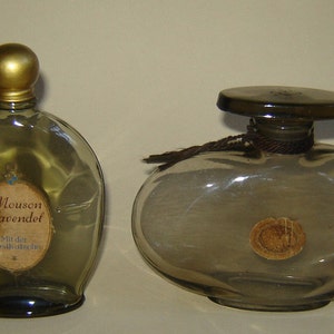 2 Old vINTAGE Art Deco Scent pERFUME BOTTLE SMOKED gLASS Mouson Lavendel GERMANY image 1