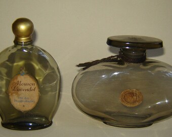 2 OUDE VINTAGE Art Deco GEUR PARFUMFLES GEROOKT GLAS Mouson Lavendel DUITSLAND