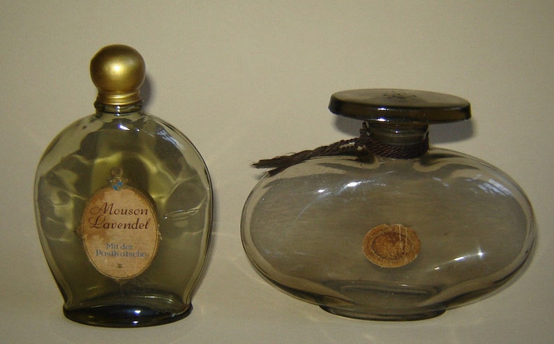 2 Old vINTAGE Art Deco Scent pERFUME BOTTLE SMOKED gLASS Mouson Lavendel GERMANY image 1