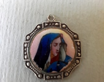 Antique 19c SILVER Pendant Charm Medal Porcelain Enamel Icon  VIRGIN MARY Madonna