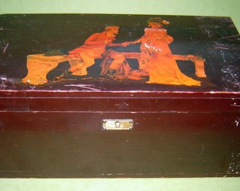 aNTIQUE pRIMITIVE 19c Wooden CHEST box for letters dokuments DOVETAILED LITHO with sECRET pLACE