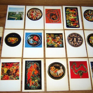 Alte 1980 russische UdSSR sowjetisches Set von 15 FOTOKARTE Palekh / Lackboxen