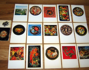 Old 1980 Russian USSR Soviet Set of 15 PHOTO CARD Palekh / lacquer boxes