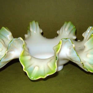 rARE antique Art  NOUVEAU Milk Opaline Vaseline RUFFLED glass Candy BRIDES Bowl with beautiful and hard to find shape and color