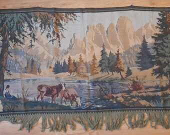 Antique large wall hanging Tapestry Landscape ,cows at watering hole ,forest, mountain, lake