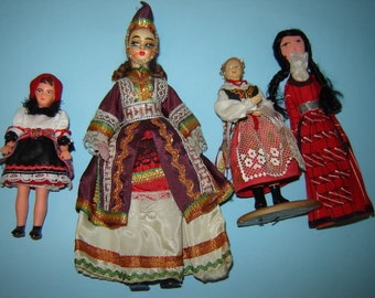 4 different Adorable ANTIQUE 1950s old DOLL  Girl Folk National Costume