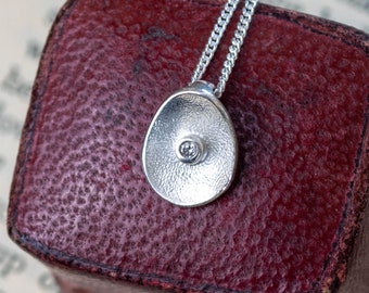 Diamond Silver Pendant - Textured Oval Earrings - Sterling Silver - April Birthday Jewellery - Sea Buttons -  Handmade in Scotland