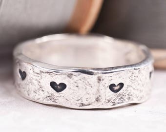 Textured Stamped Heart Silver Ring - Happily Ever After Band