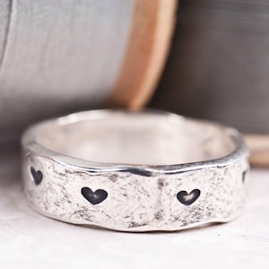 Textured Stamped Heart Silver Ring Happily Ever After Band image 1