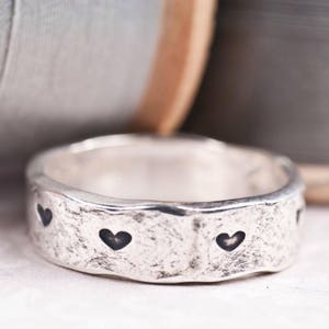 Textured Stamped Heart Silver Ring Happily Ever After Band image 1