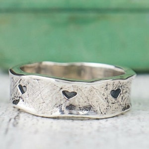 Textured Stamped Heart Silver Ring Happily Ever After Band image 2