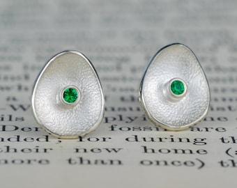 May Birthstone Emerald Silver Pendant and Earrings - Sterling Silver - May Birthday Jewellery - Sea Buttons -  Handmade in Scotland
