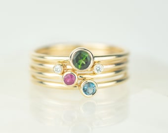 Draco - Green Tourmaline, Ruby, London Blue Topaz and Diamond Gold Andromeda Stacking Ring Set