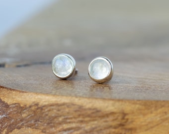 Silver Bezel Set 4mm Cabochon Moonstone Studs - June Birthstone Earrings