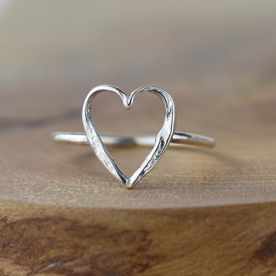 Silver Textured Small Open Heart Ring - Solid Sterling Silver