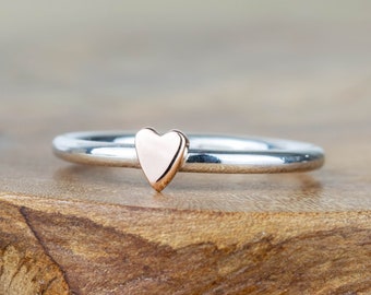 Small Heart Ring - Sterling Silver and Solid 9ct Gold - Stackable Heart Rings - Recycled Metals - Rose Gold - Yellow Gold Lunar Rings