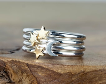 Moon and Star Silver and Gold Stacking Rings - Recycled 9ct Yellow Gold & Sterling Silver - Gift For Her - Celestial Lunar