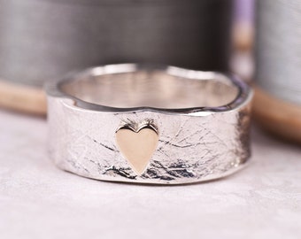 Silver and Gold Wide Heart Ring, Sterling Silver Textured Chunky Heart Ring, Gold Heart Ring, Handmade Fairytale