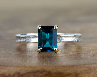 Guinevere Emerald Cut Rectangular London Blue Topaz Solid Gold and Sterling Silver Ring - Textured Band - Recycled Metals - Handmade Ring