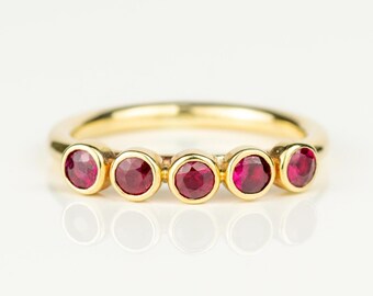 Five Stone Natural Ruby Solid 9ct Gold Engagment Ring - Ruby Anniversary Forever Eternity Ring - Handmade in Scotland