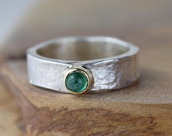 Wide Cabochon Emerald 4mm Silver and Gold Ring - May Birthstone - Cabochon Bezel Green Emerald Gemstone Ida Storybook Ring - Handmade in UK