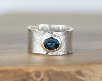 Pippi Oval London Blue Topaz Silver and Gold Wide Storybook Ring