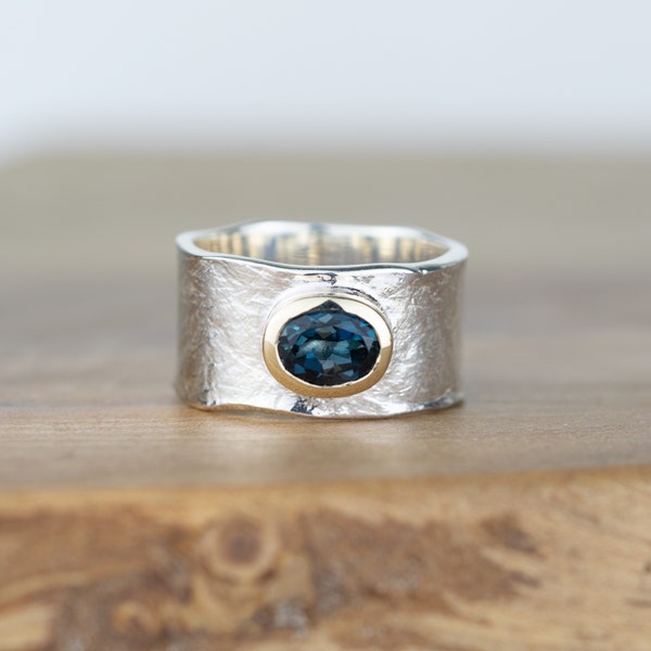 Pippi Oval London Blue Topaz Silver and Gold Wide Storybook Ring