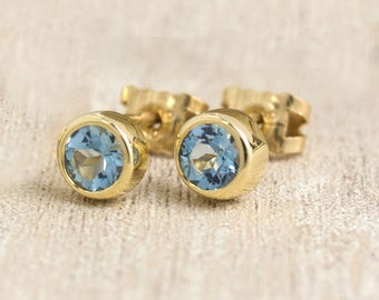 Aquamarine Gold Earrings, March Birthstone Gemstone Studs, Bridal Blue Gemstone Solitaire Stud Earrings