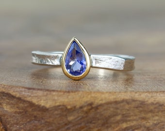 Pear Tanzanite Alice Teardrop December Birthstone Ring - Stackable Textured Ring - Recycled Metals