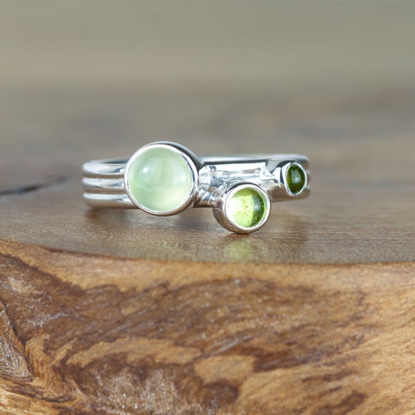 Moss - Prehnite, Peridot and Green Tourmaline Stackable Ring - Recycled Sterling Silver Green Gemstone Ring - August Birthstone