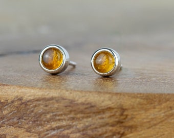 Small Citrine Gemstone Silver Studs, November Birthstone Earrings, Dainty Handmade Yellow Gemstone Studs