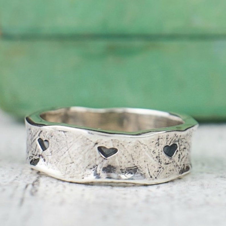 Textured Stamped Heart Silver Ring Happily Ever After Band image 2