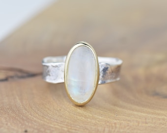 Large Oval Rainbow Moonstone 9ct Gold and Silver Handmade Ring - Wide Textured Silver Band - Statement Moonstone Ring - Handmade in Scotland