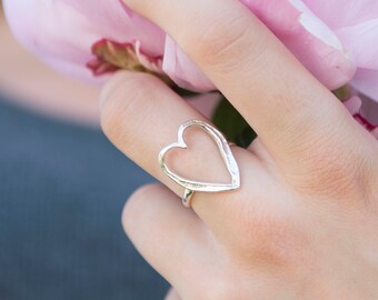 Large Silver Rustic Open Heart Ring