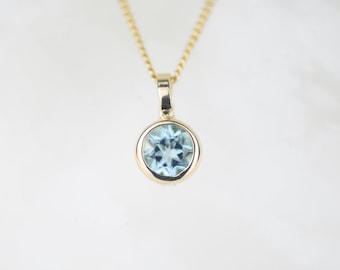 Aquamarine Gold Pendant, Natural Round Aquamarine Necklace, March Birthstone Jewellery, Recycled Gold Solitaire Necklace