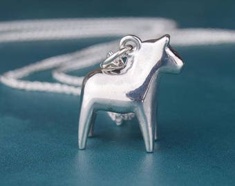 Large Silver Swedish Dala Horse Necklace