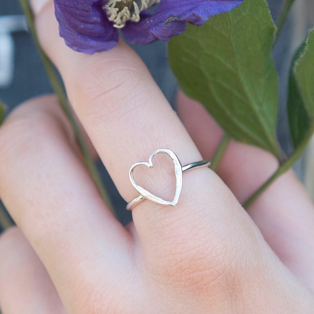 Silver Textured Small Open Heart Ring - Solid Sterling Silver