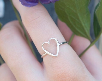 Silver Textured Small Open Heart Ring - Solid Sterling Silver - Handmade in Scotland