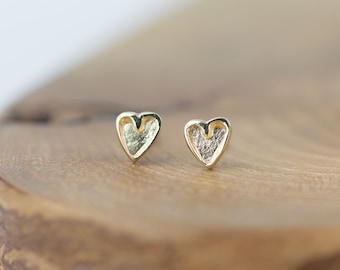 Recycled Solid Gold Rustic Tiny Double Heart Studs