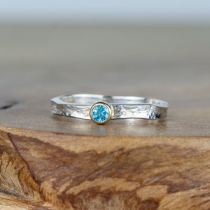 Swiss Blue Topaz Tess Silver and Gold Textured Storybook Ring -  November Birthstone Ring