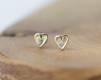 Solid 9ct Gold Rustic Double Heart Textured Stud Earrings