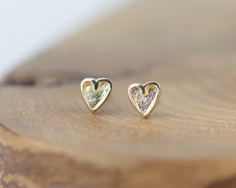 Solid 9ct Gold Rustic Double Heart Textured Stud Earrings